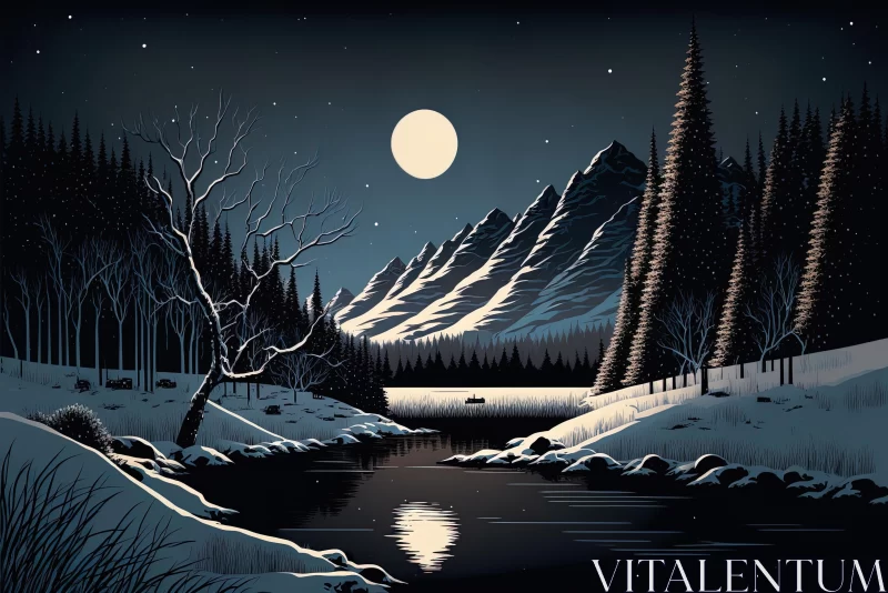 Whimsical and Eerie Mountain River Drawing with Snowy Landscape AI Image