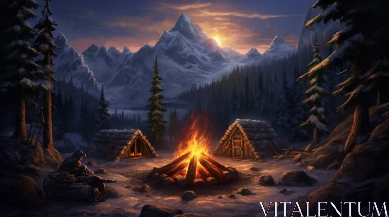 AI ART Winter Landscape with Snow-Capped Mountains and Bonfire