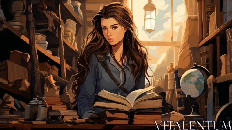 Young Woman in Library Painting AI Image