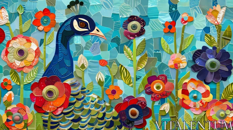 AI ART Colorful Peacock in Garden Mosaic - Nature Artwork