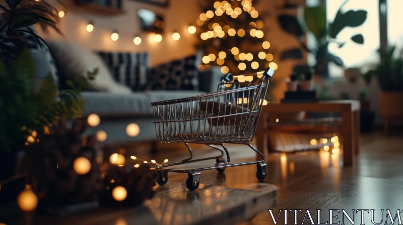 Cozy Still Life: Miniature Shopping Cart on Wooden Table with Christmas Tree AI Image