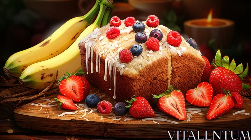 AI ART Delicious Banana Cake with Fresh Berries on Wooden Table