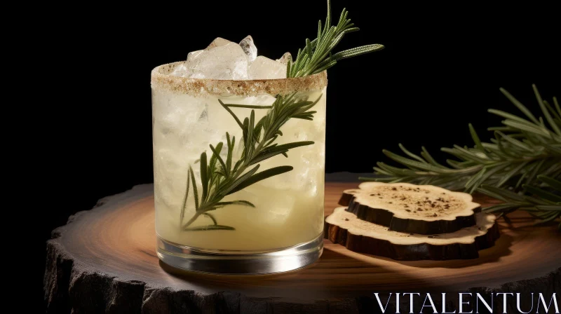 AI ART Delicious Cocktail with Rosemary on Wooden Table