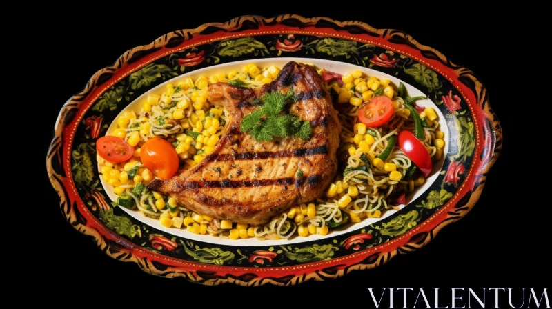 AI ART Delicious Grilled Pork Chop and Pasta Salad on Colorful Plate