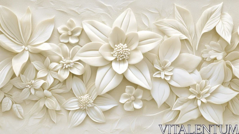 Detailed Bas-Relief of White Flowers on Beige Background AI Image