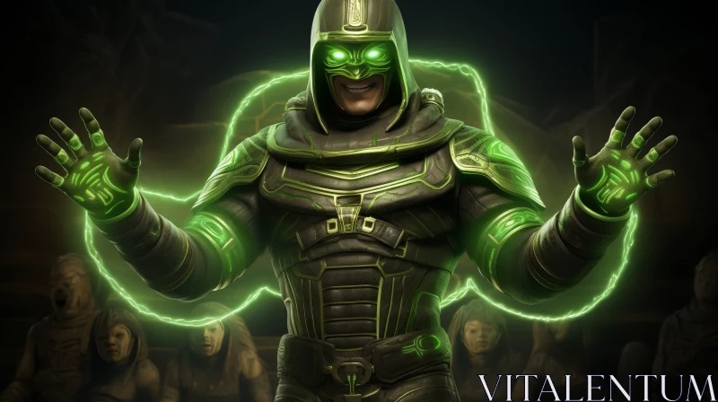Enigmatic Man in Green and Black Costume in Mysterious Temple AI Image