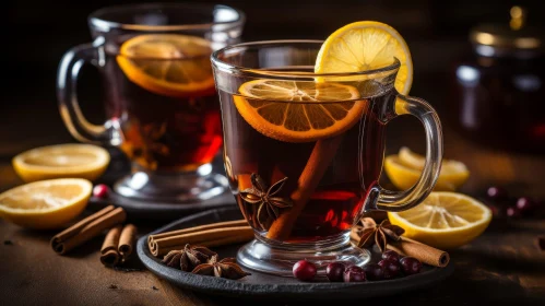 Hot Tea with Lemon in Glass Cups on Wooden Table