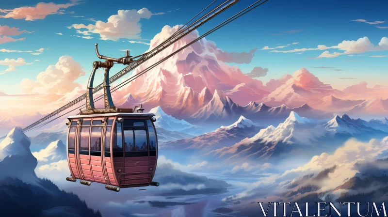 Mountain Range Landscape with Red Cable Car AI Image
