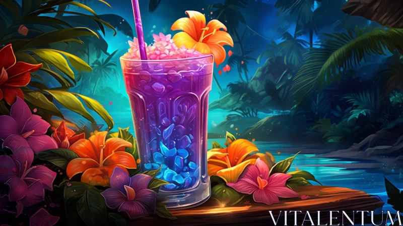 AI ART Refreshing Summer Drink with Tropical Flowers on Wooden Table