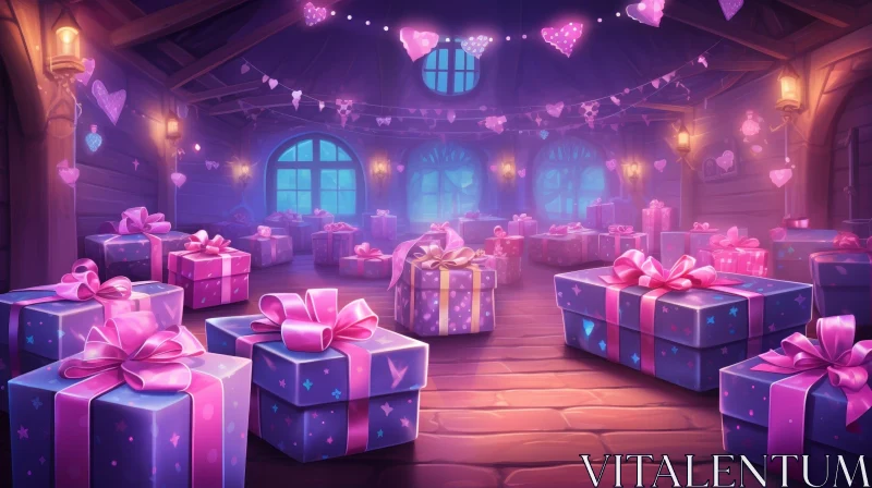 Romantic Cartoon Room with Presents and Heart Decorations AI Image