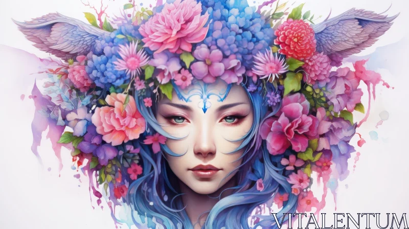 Serene Woman with Blue Hair and Flower Crown AI Image