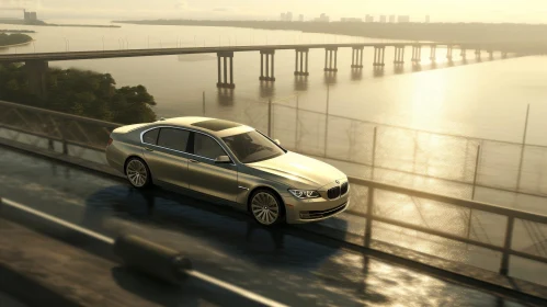 Silver BMW 7-Series Luxury Car on Bridge