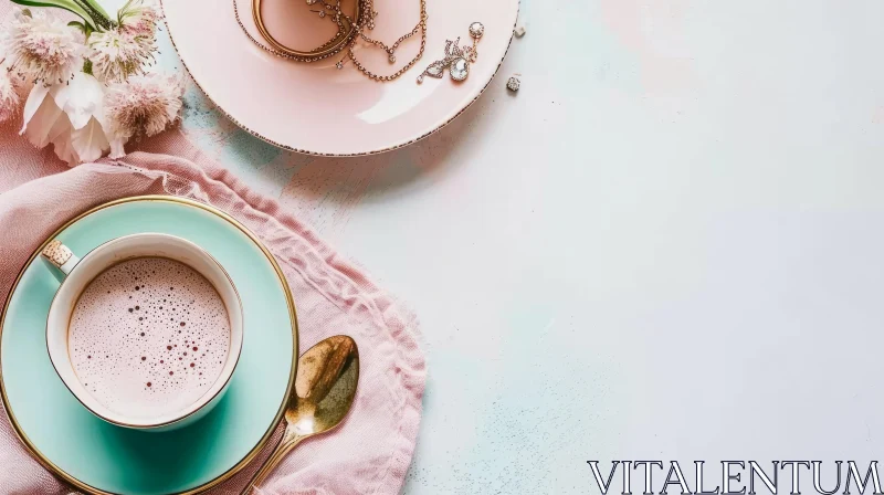 AI ART Stunning Flat Lay Composition: Green Cup of Coffee on Pink Saucer