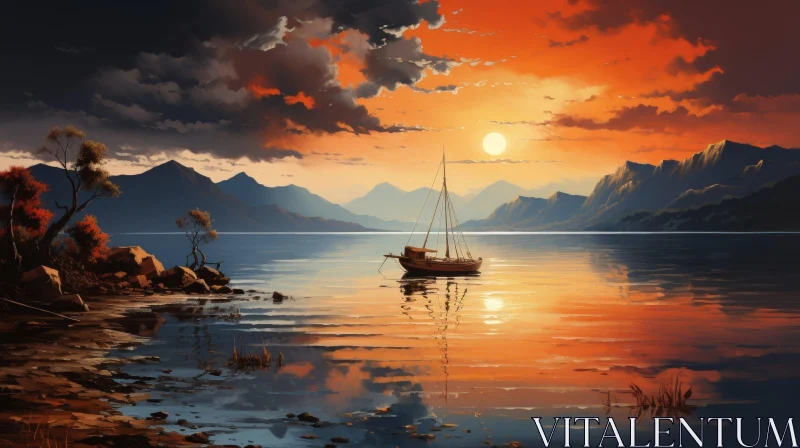 Tranquil Lake and Mountains at Sunset Painting AI Image