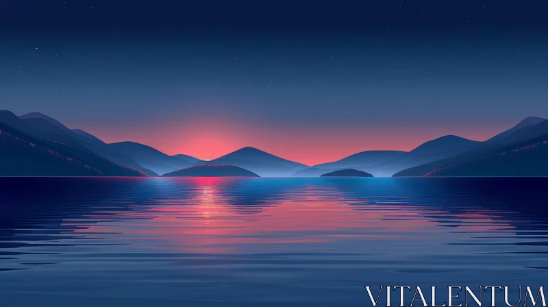 Tranquil Mountain Lake Sunset Digital Painting AI Image