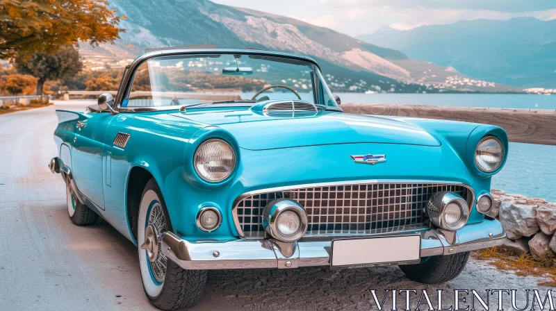 Vintage Blue Ford Thunderbird Convertible on Scenic Coastal Road AI Image