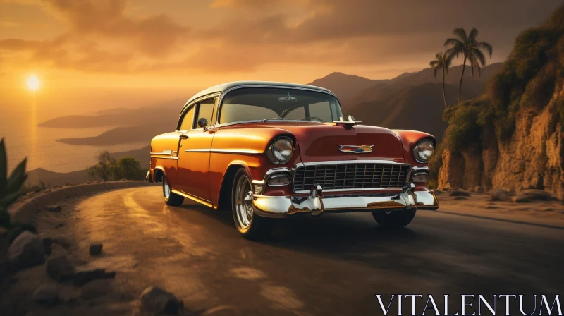 Vintage Chevrolet Bel Air Driving Along Coastal Road at Sunset AI Image