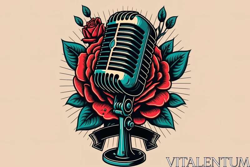 Vintage Microphone with Roses and Banners - Bold Graphic Illustration AI Image
