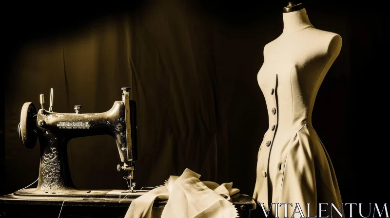 AI ART Vintage Sewing Machine and Mannequin in Dimly Lit Room