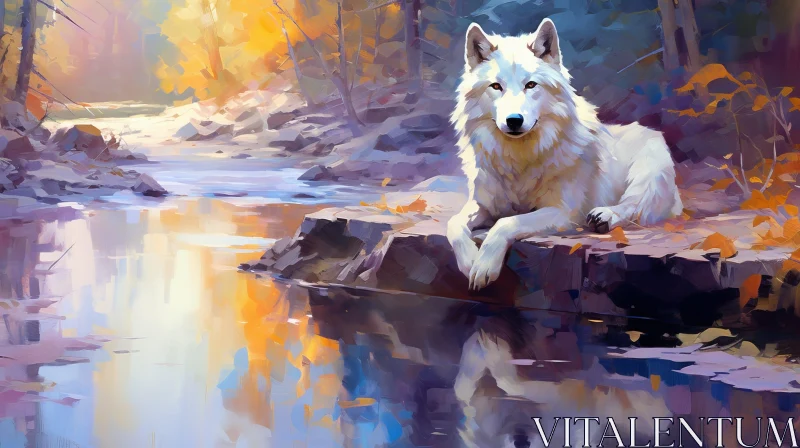 AI ART White Wolf Painting in River