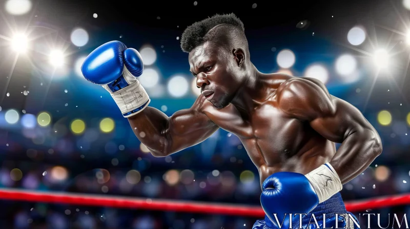 AI ART Young African American Male Boxer in Blue Gloves - Fighting Stance