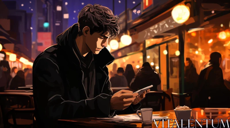 Young Man at Cafe Table Digital Painting AI Image
