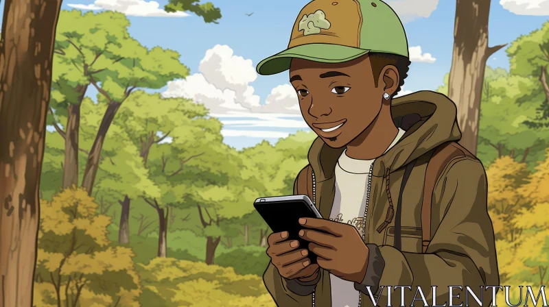 AI ART Young Man Cartoon in Forest with Phone