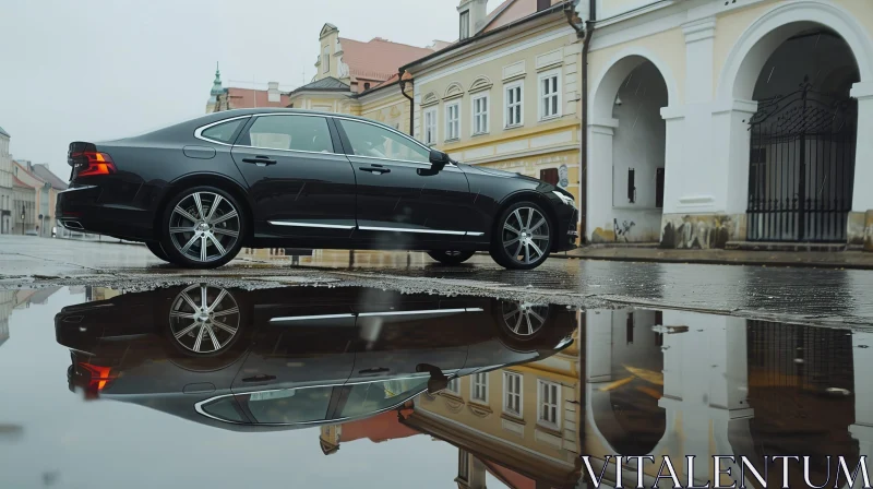 Black Luxury Car Reflection in City Puddle AI Image