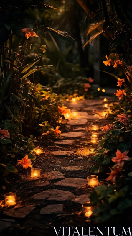 Candlelit Pathway - A Journey into Nature's Romantic Garden AI Image