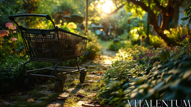 Captivating Garden Photography: Shopping Cart amidst Vibrant Nature AI Image