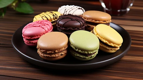 Colorful Macarons on Brown Plate | Wooden Table Setting