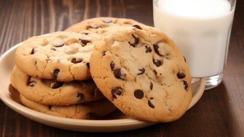 Delicious Chocolate Chip Cookies and Milk on Wooden Table