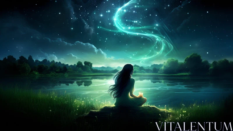 Enchanting Night Sky Landscape with Woman by Lake AI Image