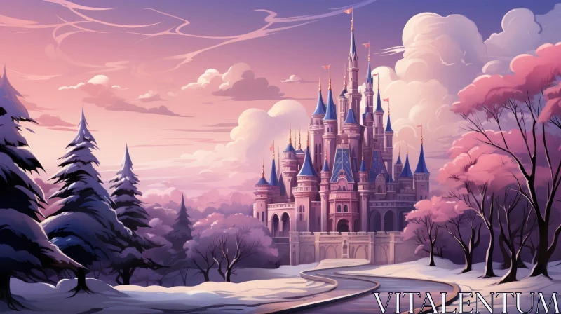 Enchanting Winter Castle Landscape at Sunset AI Image