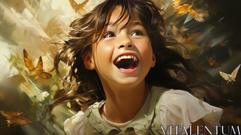 Joyful Girl Surrounded by Nature and Butterflies AI Image