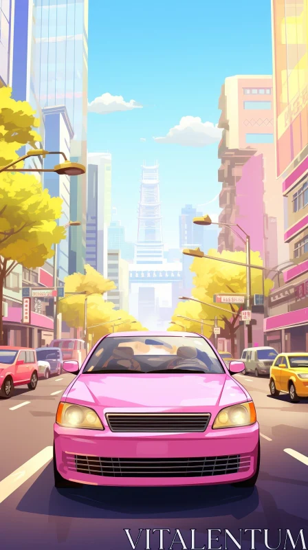 Pink Car Driving in Urban Cityscape AI Image