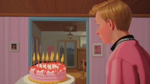 Realistic Painting of Boy with Birthday Cake