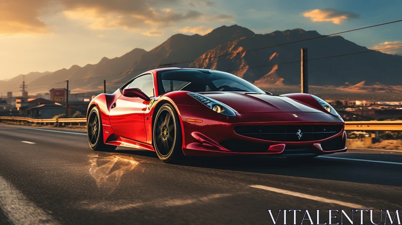 AI ART Red Ferrari 458 Speciale Aperta on Mountain Road at Sunset