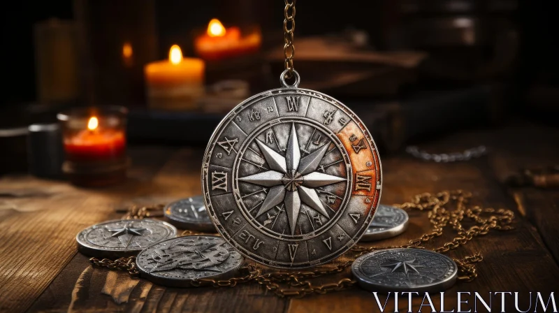 Silver Compass on Wooden Table AI Image