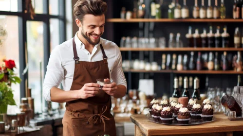 Smiling Barista with Cupcake in Coffee Shop