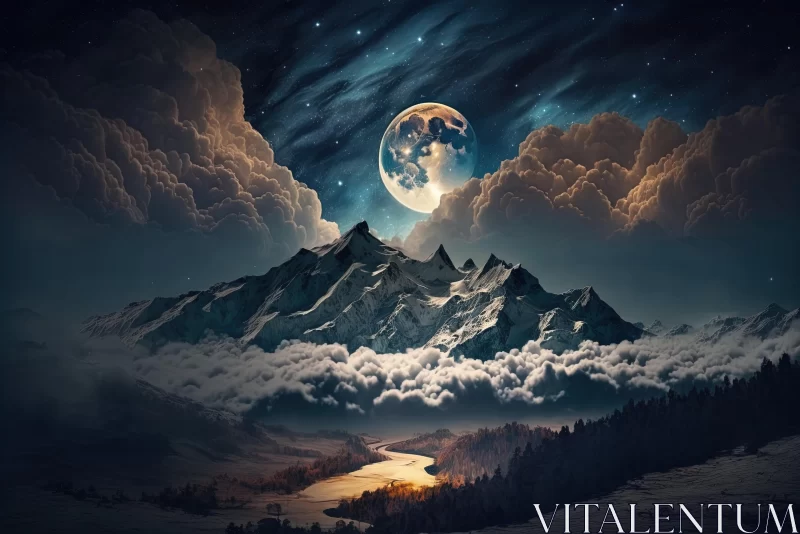 Surrealistic Fantasy Landscapes: Mountains, Clouds, and Moon AI Image