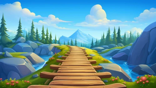 Tranquil Cartoon Landscape with Wooden Bridge and River