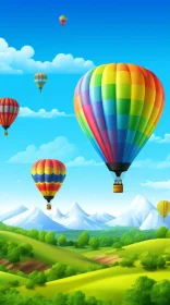 Tranquil Landscape with Colorful Hot Air Balloons and Snow-Capped Mountains