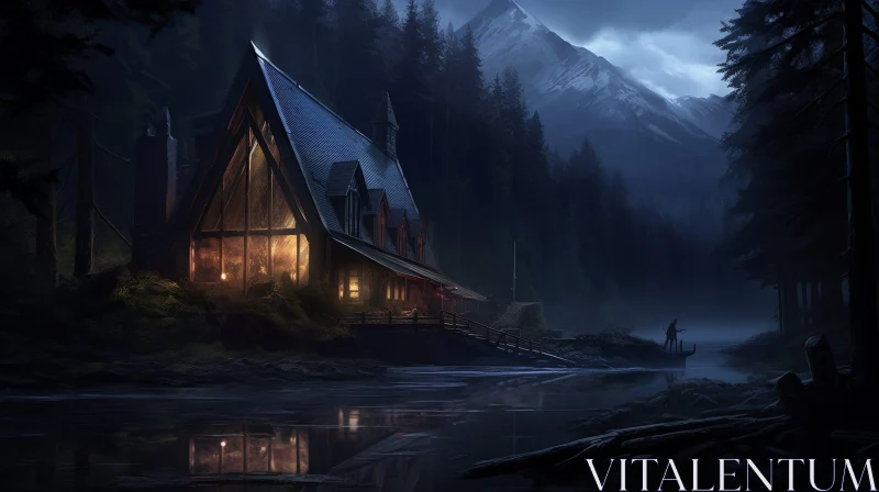 Tranquil Mountain House Landscape AI Image