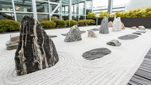 Tranquil Zen Garden with Raked Sand and Arranged Stones