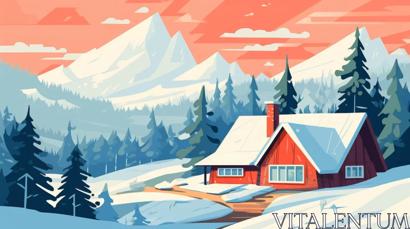 AI ART Winter Landscape with Red Cabin and Snow-Capped Mountain