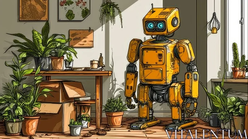 Yellow Robot in a Room with Plants - Digital Painting AI Image