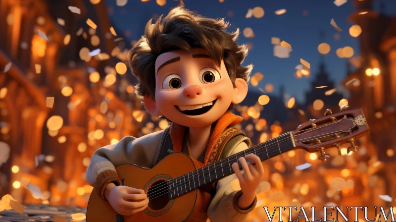 Young Boy Playing Guitar in Cartoon Style AI Image