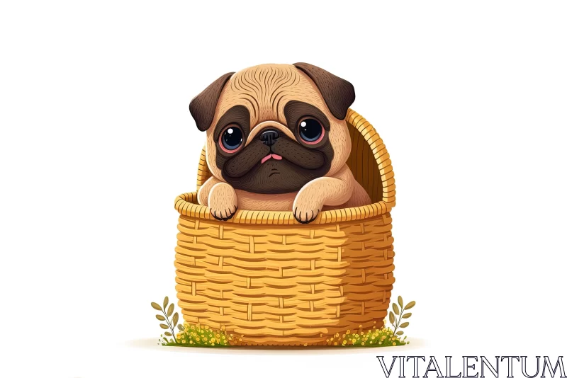 Charming Anime-style Illustration of a Funny Pug Dog in a Basket AI Image