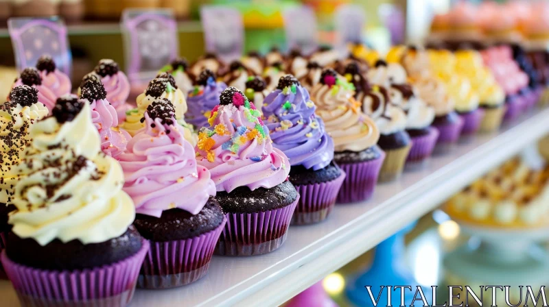 Colorful Cupcakes with Various Toppings on a Bakery Shelf AI Image